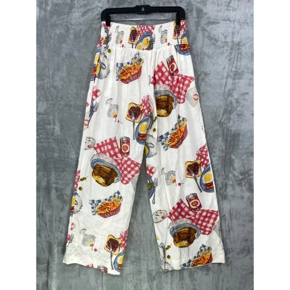 Kimchi Blue Sz S Caroline Smocked Wide Leg Linen-Blend Pant Novelty Diner Print - Picture 3 of 11